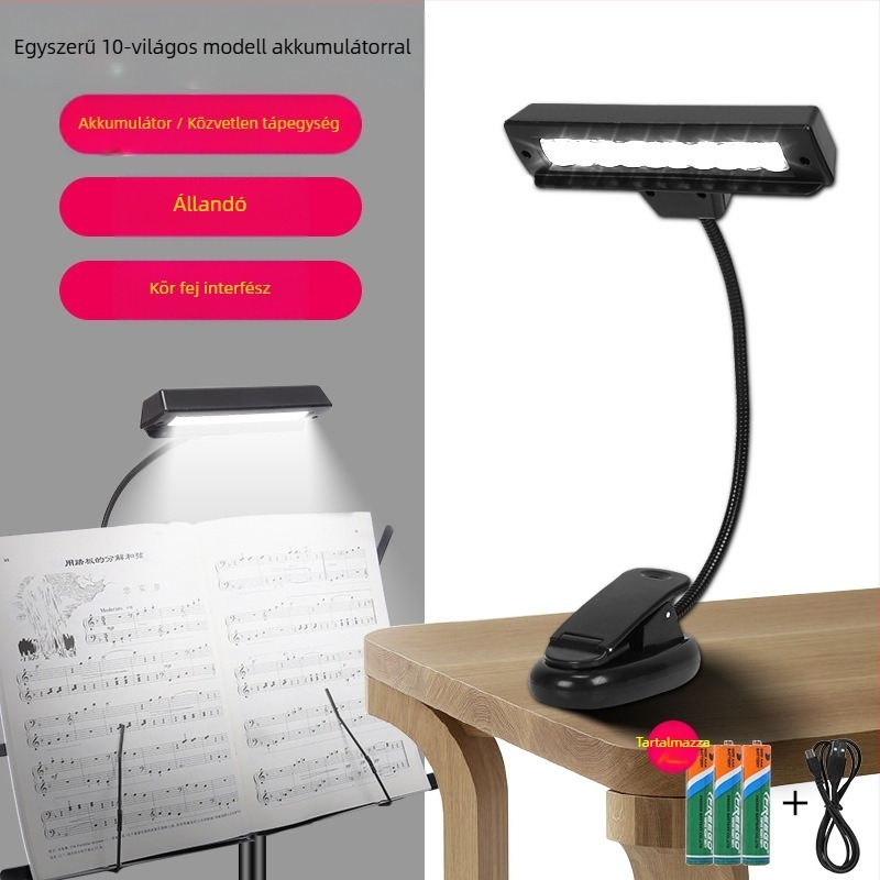 Tölthető USB-s LED zenei állványlámpa, csiptetős, állítható, zongora gyakorlásához