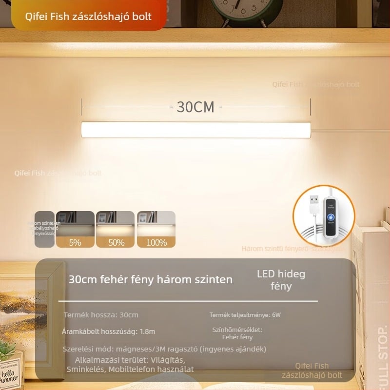 LED íróasztali lámpa a szem védelmére – USB-tápellátás, 5V, mágneses rögzítés, PC+ABS lámpabúra, környezeti fény