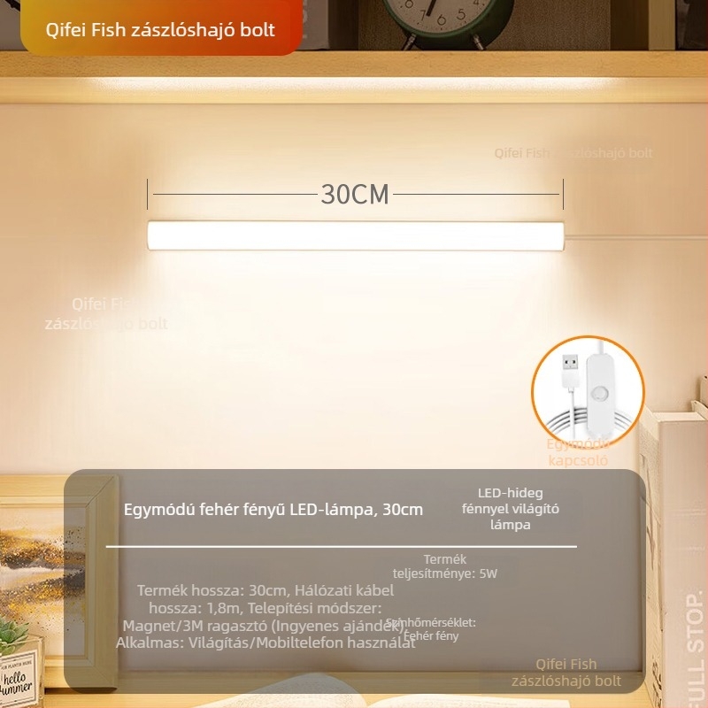 LED íróasztali lámpa a szem védelmére – USB-tápellátás, 5V, mágneses rögzítés, PC+ABS lámpabúra, környezeti fény