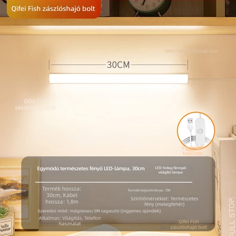 LED íróasztali lámpa a szem védelmére – USB-tápellátás, 5V, mágneses rögzítés, PC+ABS lámpabúra, környezeti fény