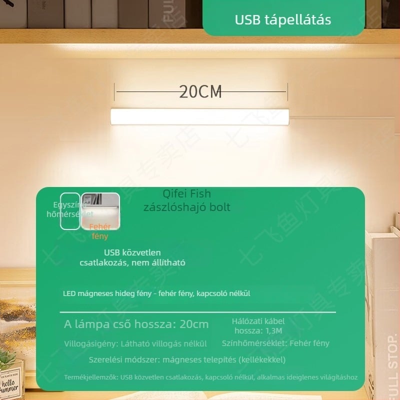 LED íróasztali lámpa a szem védelmére – USB-tápellátás, 5V, mágneses rögzítés, PC+ABS lámpabúra, környezeti fény