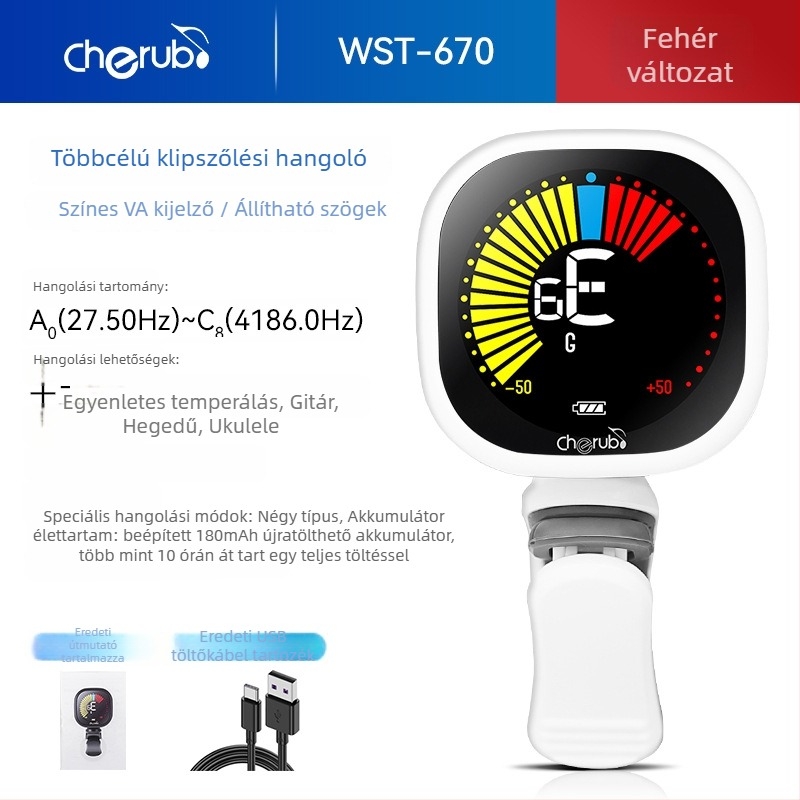Gitár, ukulele és hegedű hangoló – WST-670, újratölthető, automatikus digitális hangoló