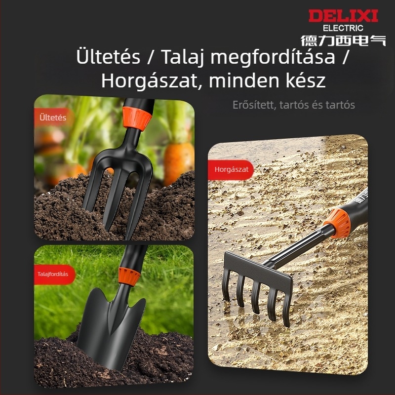 Delixi Electric kertészeti ásó készlet, szénacél, három darabos készlet kerthez, virágágyásokhoz és strand használatra