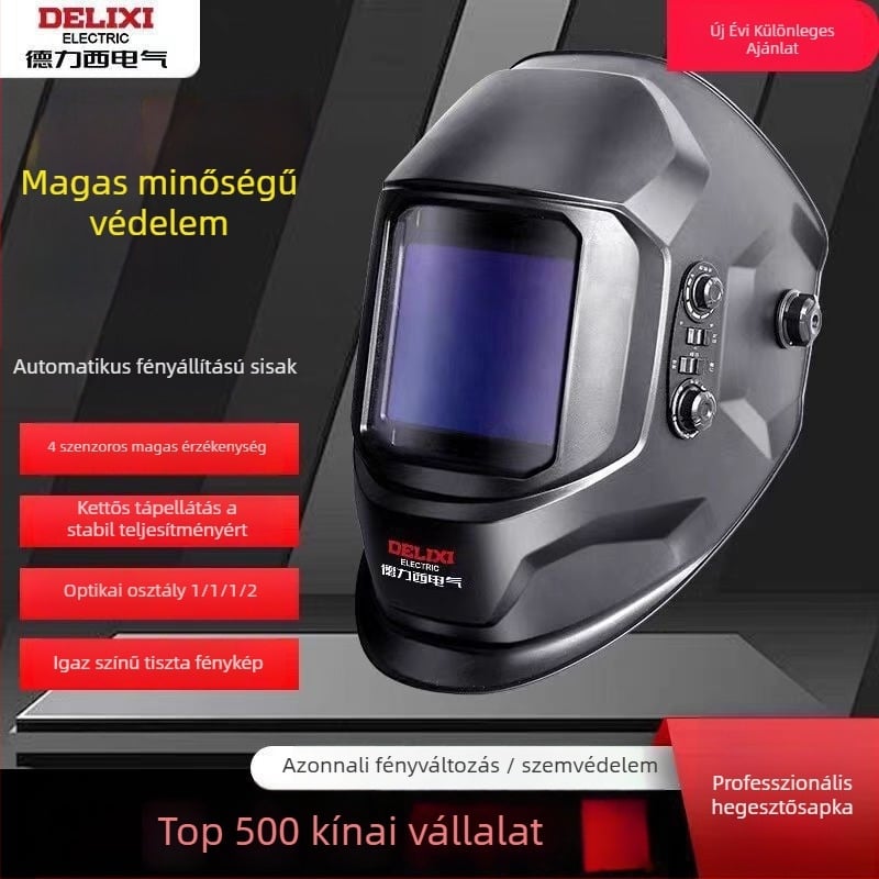 Automatikus sötétítésű hegesztő sisak fejre szerelt kivitelezéssel, pneumatikus hajtás, meleg levegő és távoli infravörös sugárzás