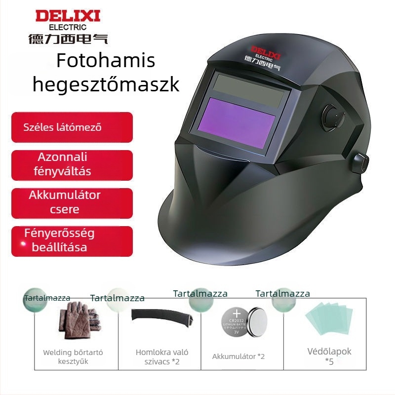 Automatikus sötétítésű hegesztő sisak fejre szerelt kivitelezéssel, pneumatikus hajtás, meleg levegő és távoli infravörös sugárzás