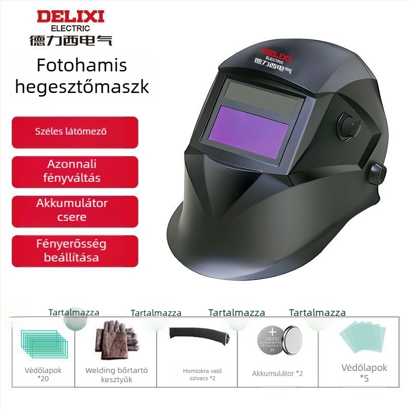 Automatikus sötétítésű hegesztő sisak fejre szerelt kivitelezéssel, pneumatikus hajtás, meleg levegő és távoli infravörös sugárzás