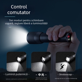 Lumină LED cu zoom telescopic reglabil, încărcare Type-C, baterie încorporată 18650 1200mAh, 10W, rază peste 500 m