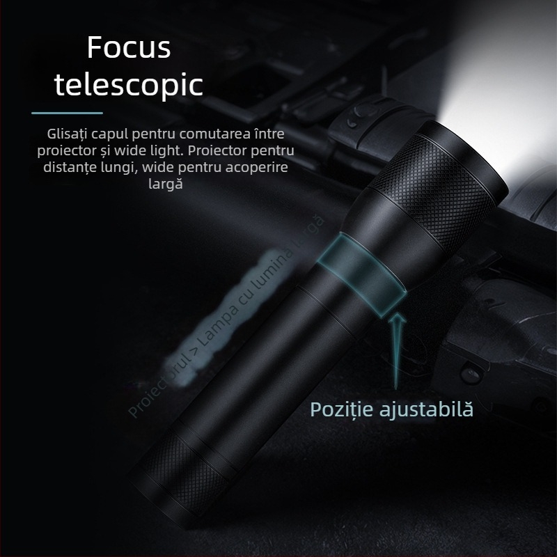 Lumină LED cu zoom telescopic reglabil, încărcare Type-C, baterie încorporată 18650 1200mAh, 10W, rază peste 500 m
