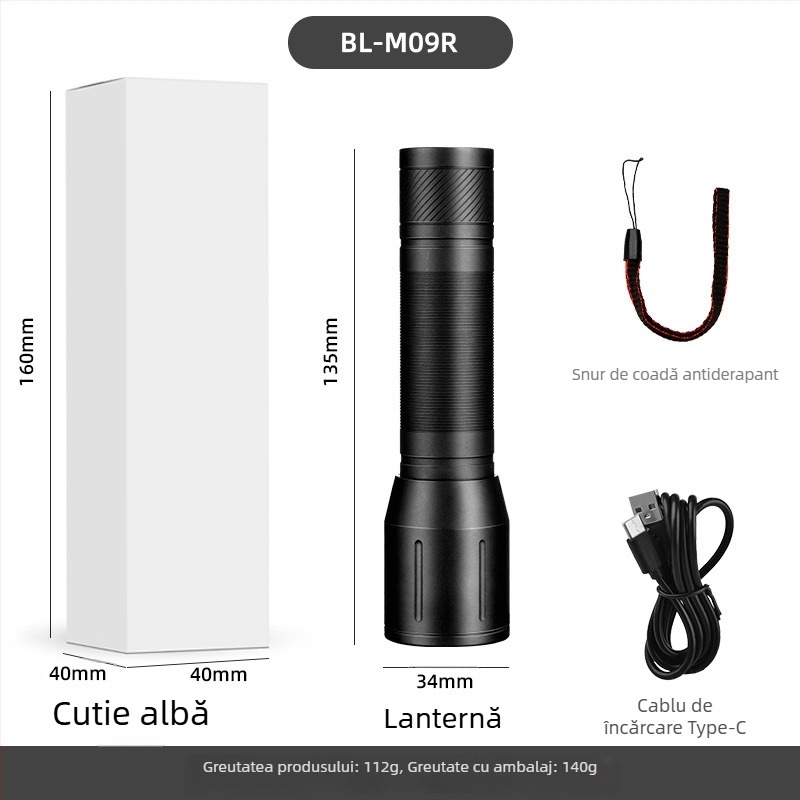 Lumină LED cu zoom telescopic reglabil, încărcare Type-C, baterie încorporată 18650 1200mAh, 10W, rază peste 500 m
