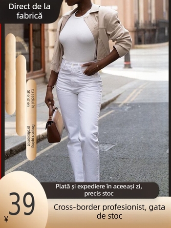 Pantaloni din denim pentru femei, talie medie, croială dreaptă, lungime de nouă zecimi, amestec bumbac-poliester, elasticitate ridicată