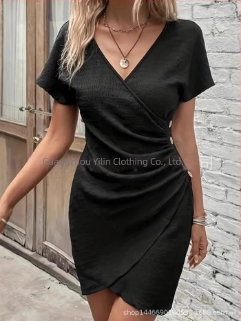 Rochie cu decolteu în V, lungime midi, mâneci scurte, poliester, primăvara 2025, stil elegant pentru birou