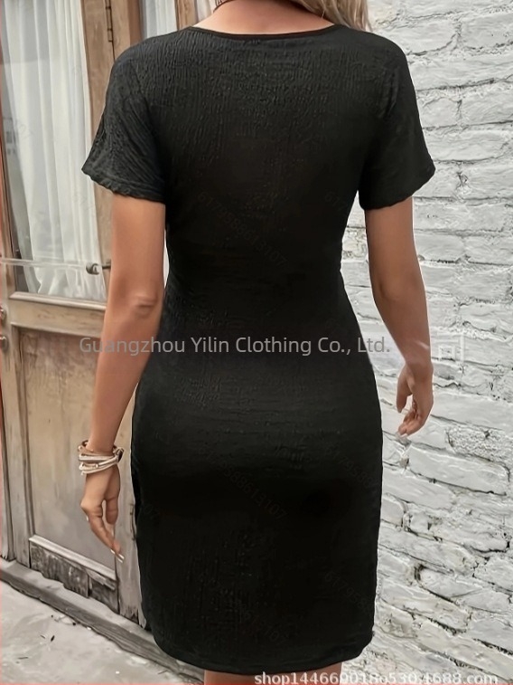 Rochie cu decolteu în V, lungime midi, mâneci scurte, poliester, primăvara 2025, stil elegant pentru birou