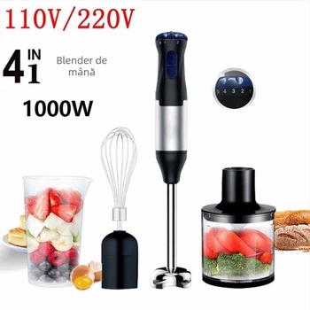 Set blender manual cu corp din oțel inoxidabil, 1000W, >240V, 5 trepte de viteză, capacitate 1-3 L
