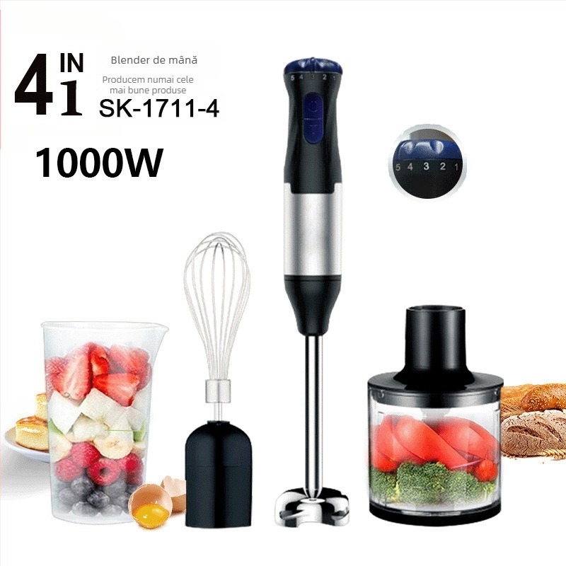 Set blender manual cu corp din oțel inoxidabil, 1000W, >240V, 5 trepte de viteză, capacitate 1-3 L