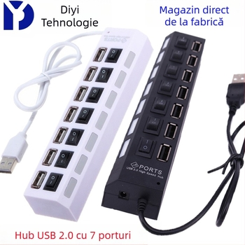 Hub USB 2.0 cu 7 porturi pentru transfer de date și încărcare, alimentat prin USB, imprimare logo disponibilă, personalizare