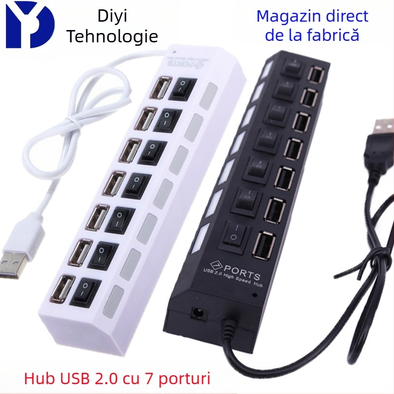 Hub USB 2.0 cu 7 porturi pentru transfer de date și încărcare, alimentat prin USB, imprimare logo disponibilă, personalizare