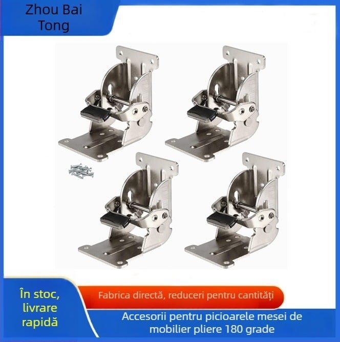 Hingă pliabilă pentru picioarele mesei, 90° cu blocare automată, corp din fier, finisaj zinc, model ZBT-506, pentru interior