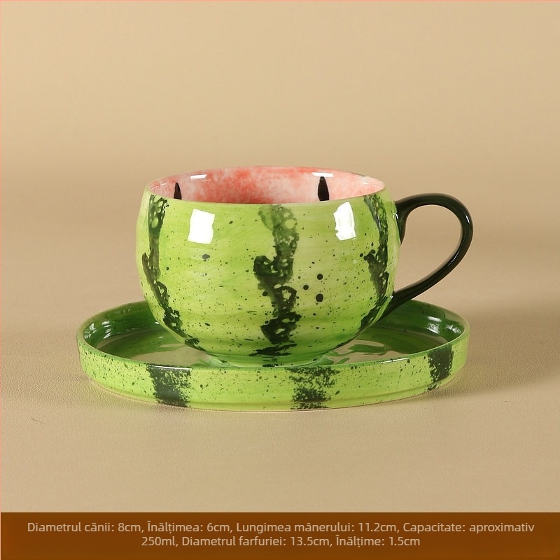 Ceașcă de cafea ceramică pictată manual cu mâner – motif pepene, decor sub glazură, stil proaspăt și drăguț