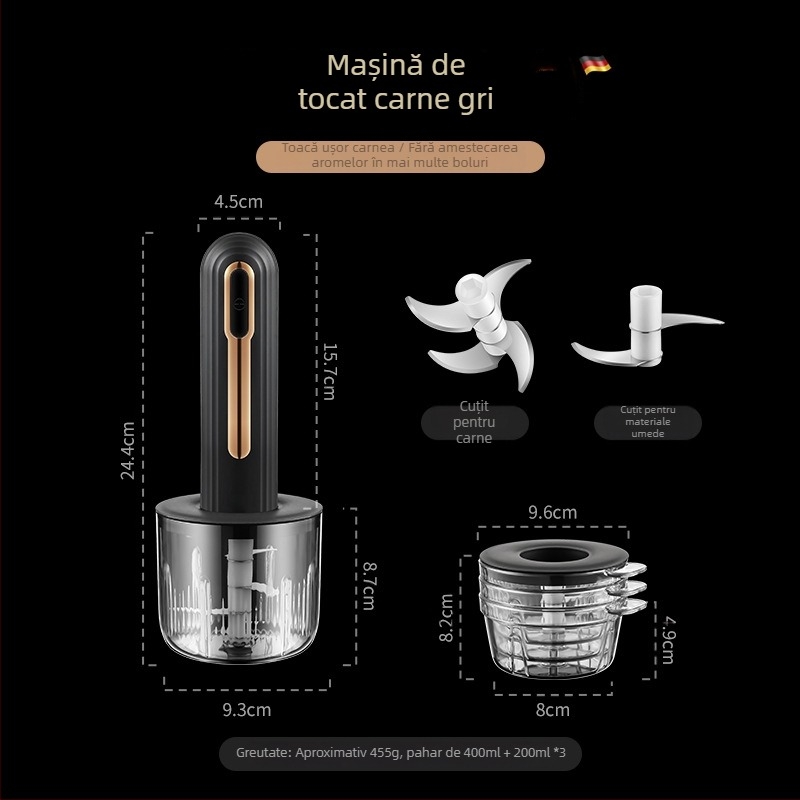 Robot de bucătărie electric mini pentru piure de usturoi și legume, Capacitate <1L, 3 viteze, ≤36V, 3 lame de tăiere