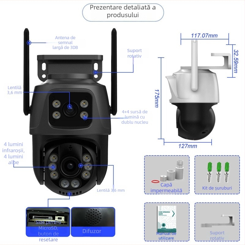 Cameră de supraveghere cu lentile duale, WiFi PTZ, viziune nocturnă, 6MP, utilizare interioară/exterioară