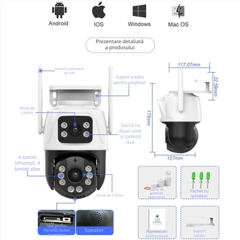 ICSEE Cameră wireless de supraveghere cu viziune de noapte, obiectiv dublu, 360°, 1080TVL, 2,4 mm