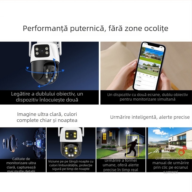 ICSEE Cameră wireless de supraveghere cu viziune de noapte, obiectiv dublu, 360°, 1080TVL, 2,4 mm