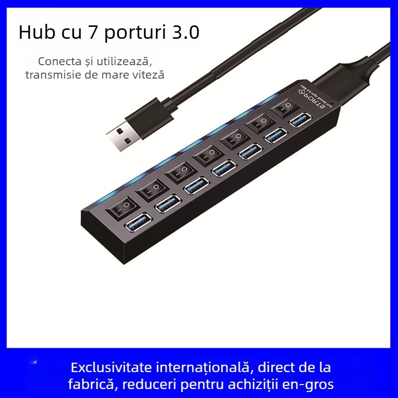 Hub USB 3.0 cu 7 porturi, alimentare externă (5 Gbps, interfață USB 3.0, cablu de 1,2 m)