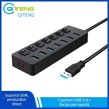 Hub USB 3.0 cu 7 porturi, alimentare externă, 5 Gbps, cablu de 60 cm