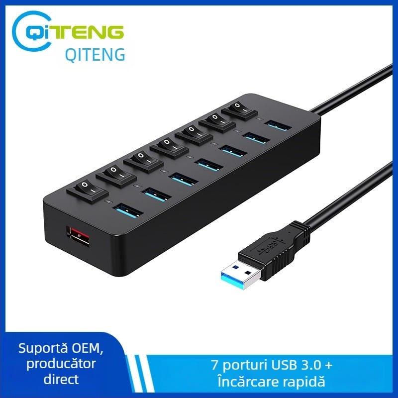 Hub USB 3.0 cu 7 porturi, alimentare externă, 5 Gbps, cablu de 60 cm