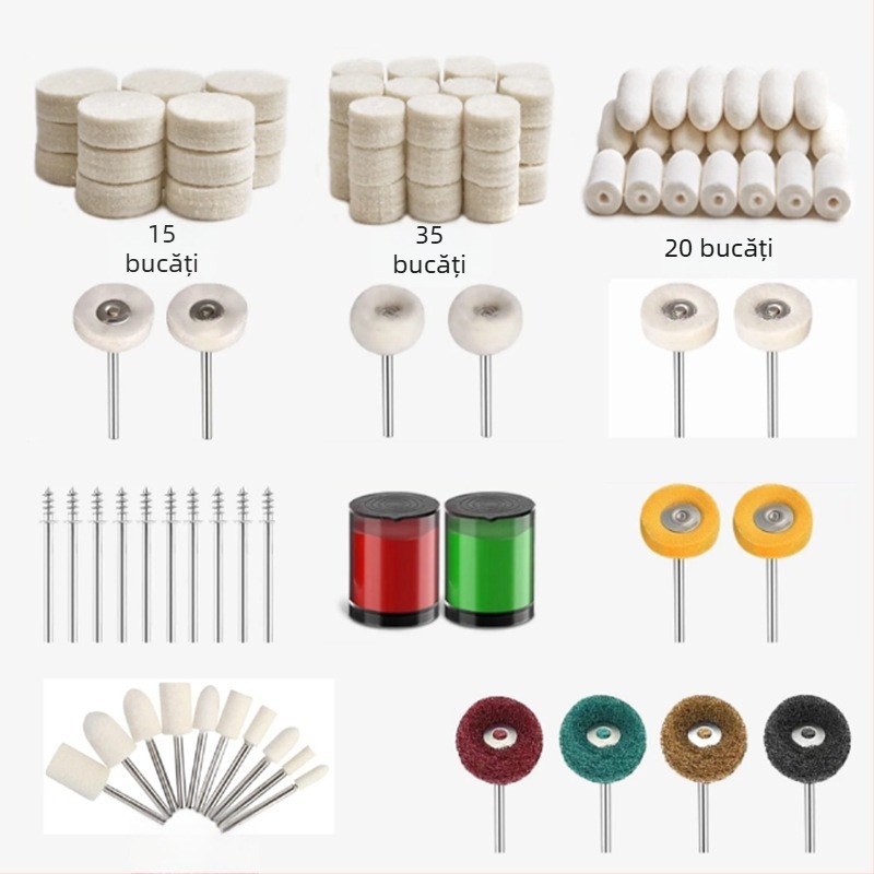 Set de unelte pentru polisare cu lână – Cap cilindric de polisare, Material: lână, Diametru exterior 10–25 mm, Diametru ax 3 mm, Lungime 45 mm, Utilizare: polisare