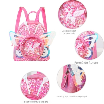 Ghiozdan cu aripi de unicorn din paiete - PU material, model anime desene animate, imagine unicorn fluture, primăvara 2025, pentru copii de grădiniță