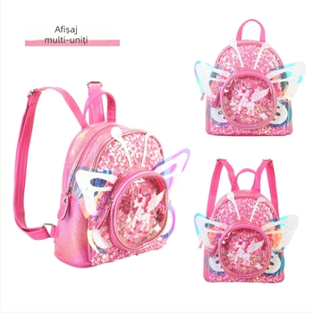 Ghiozdan cu aripi de unicorn din paiete - PU material, model anime desene animate, imagine unicorn fluture, primăvara 2025, pentru copii de grădiniță