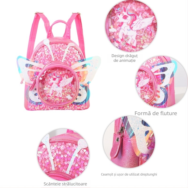 Ghiozdan cu aripi de unicorn din paiete - PU material, model anime desene animate, imagine unicorn fluture, primăvara 2025, pentru copii de grădiniță