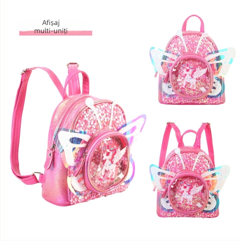 Ghiozdan cu aripi de unicorn din paiete - PU material, model anime desene animate, imagine unicorn fluture, primăvara 2025, pentru copii de grădiniță