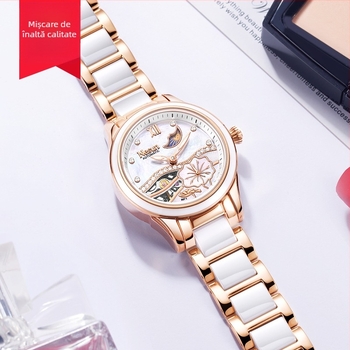 NESUN Ceas mecanic complet automat pentru femei, carcasă și curea din ceramică, rezistență la apă 50 m, afișaj fază lună și luminescență, analog