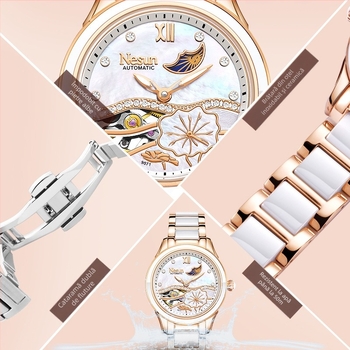 NESUN Ceas mecanic complet automat pentru femei, carcasă și curea din ceramică, rezistență la apă 50 m, afișaj fază lună și luminescență, analog