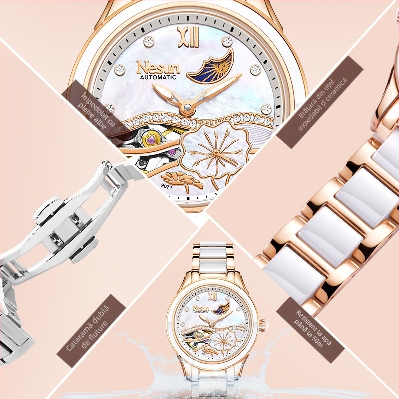 NESUN Ceas mecanic complet automat pentru femei, carcasă și curea din ceramică, rezistență la apă 50 m, afișaj fază lună și luminescență, analog