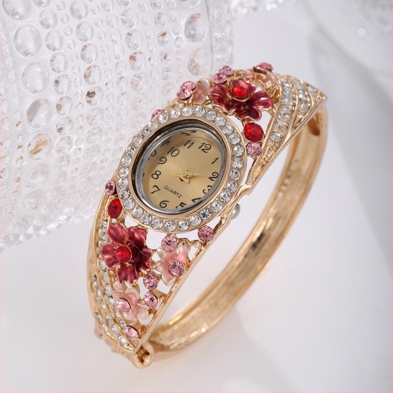 Ceas quartz pentru femei, cu motif floral decorativ, mișcare Zhongsheng PL68, carcasă din aliaj, brățară din aliaj