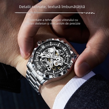Ceas mecanic skeleton pentru bărbați, rezistență la apă 30M, coroană înșurubabilă, spate transparent, brățară din oțel inoxidabil cu închidere tip fluture