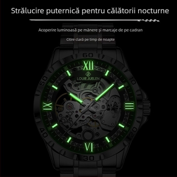 Ceas mecanic skeleton pentru bărbați, rezistență la apă 30M, coroană înșurubabilă, spate transparent, brățară din oțel inoxidabil cu închidere tip fluture