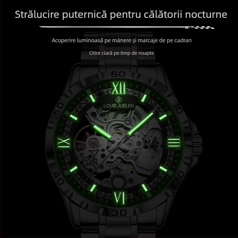 Ceas mecanic skeleton pentru bărbați, rezistență la apă 30M, coroană înșurubabilă, spate transparent, brățară din oțel inoxidabil cu închidere tip fluture