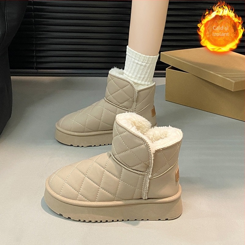 Cizme de zăpadă pentru femei, PU suprafață, talpă din cauciuc, căptușeală din pluș sintetic scurt, branț din blană sintetică, înălțime a gleznă