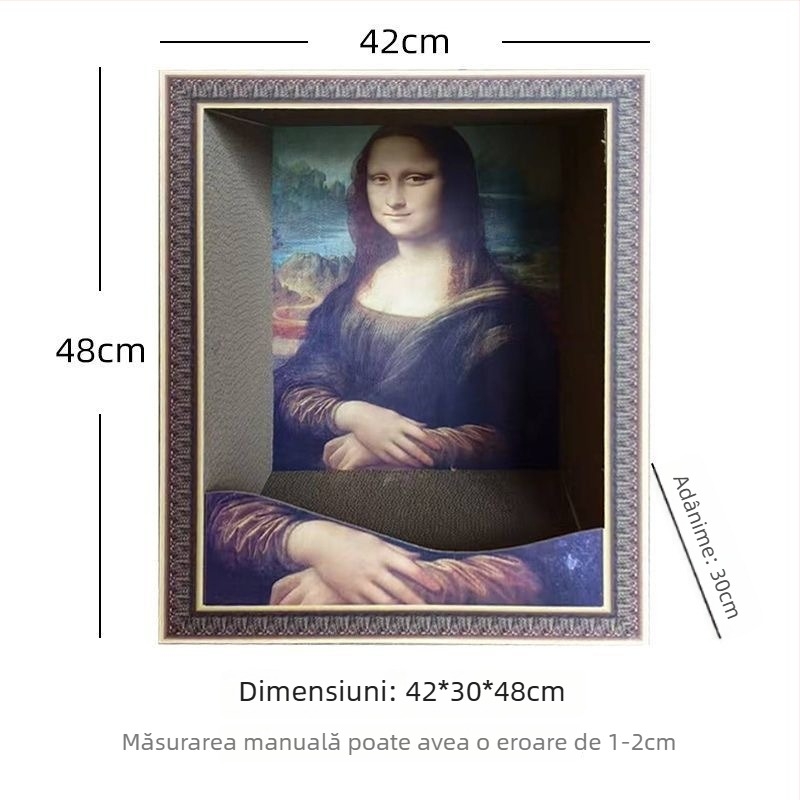 Casă pentru pisici cu cuib și placă de zgâriere, inspirată de Mona Lisa, imprimare în stil pictură în ulei, construcție din hârtie ondulată, stil simplu