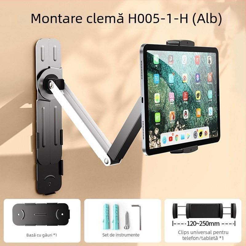 Suport pentru telefon montat pe perete, rotire la 360°, fără găuri, din oțel carbon + ABS, stil universal