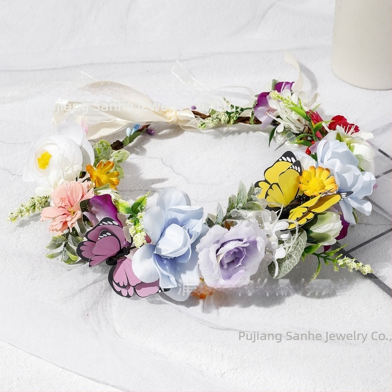 Bandă de păr cu flori Boho, material textil tricotat manual, accesoriu de nuntă elegant, unisex, Primăvara 2025