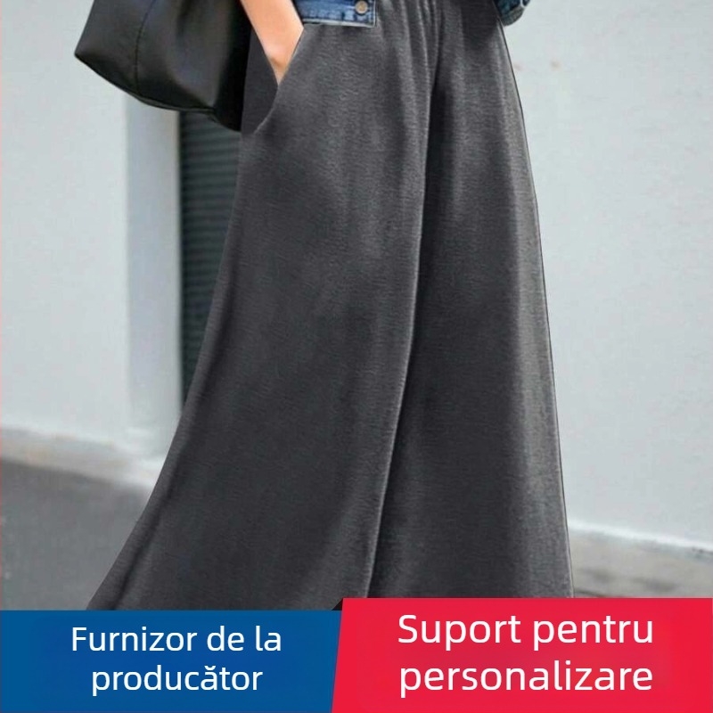 Pantaloni largi pentru femei, talie înaltă, amestec poliester-spandex, casual elegant pentru birou