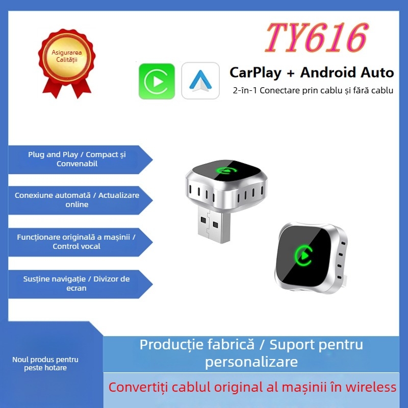 Boxă wireless CarPlay și Android Auto 2 în 1, corp din aliaj de aluminiu cu suprafață oglindă acrilică, interfață USB-C, Linux OS, model TY616, compatibilă cu CarPlay/Android Auto prin cablu