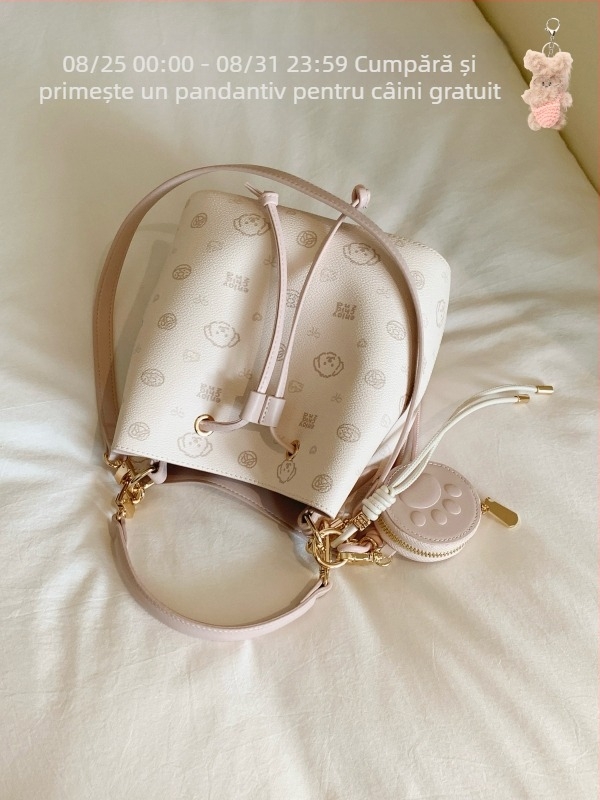 Geantă tip găleată cu trei bretele, unisex, broderie, buzunar interior cu fermoar