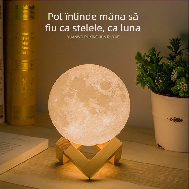 Lampa de noapte 3D în formă de lună – alimentare USB, abajur PVC, comutator tactil, control inteligent