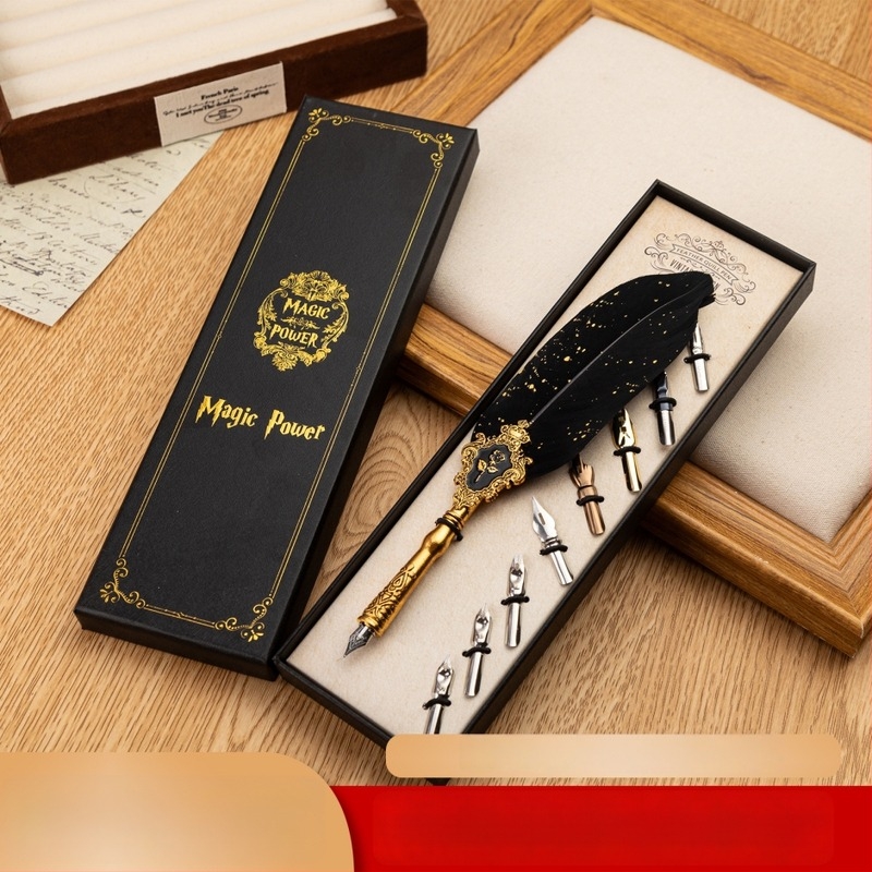 SP394 Set dip pen, stil european, corp metalic, penă din oțel inoxidabil, sistem de cerneală prin înmuiere, cutie cadou